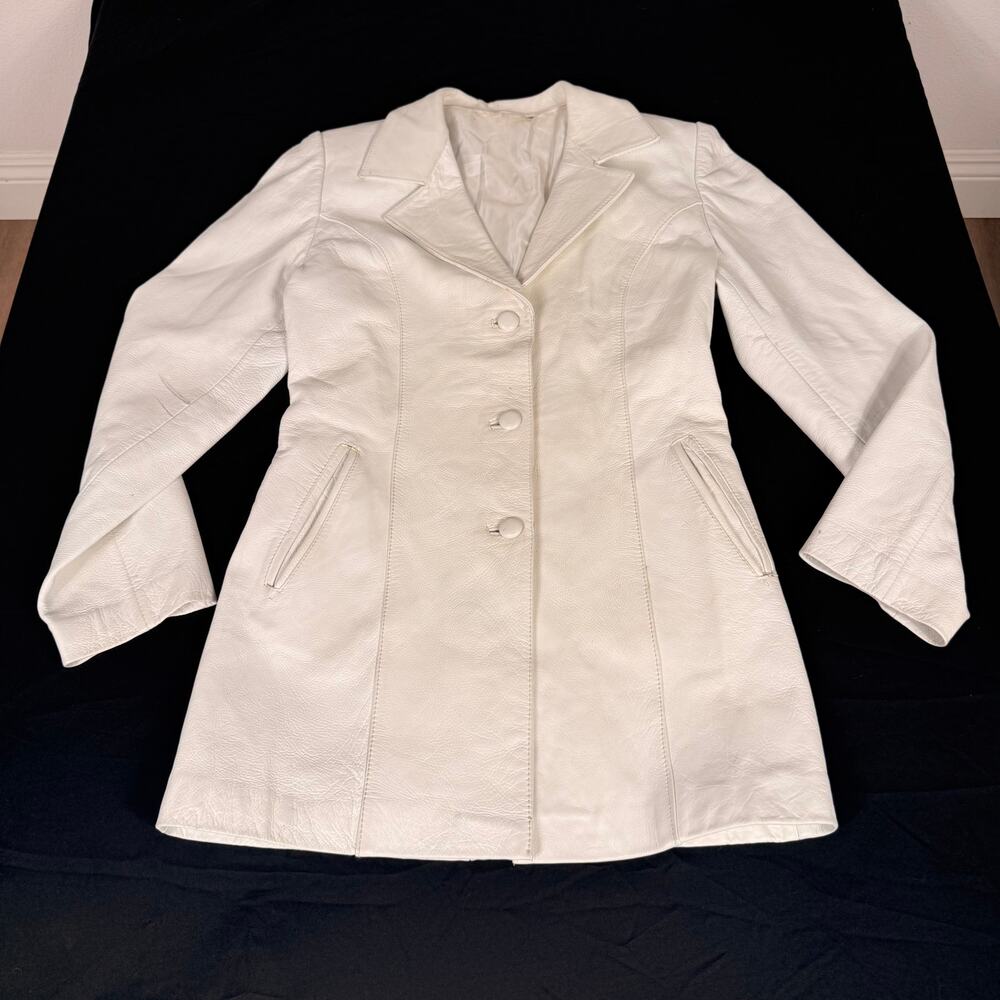 Vintage White Genuine Leather Fitted Trench Coat Jacket Women’s XS Small